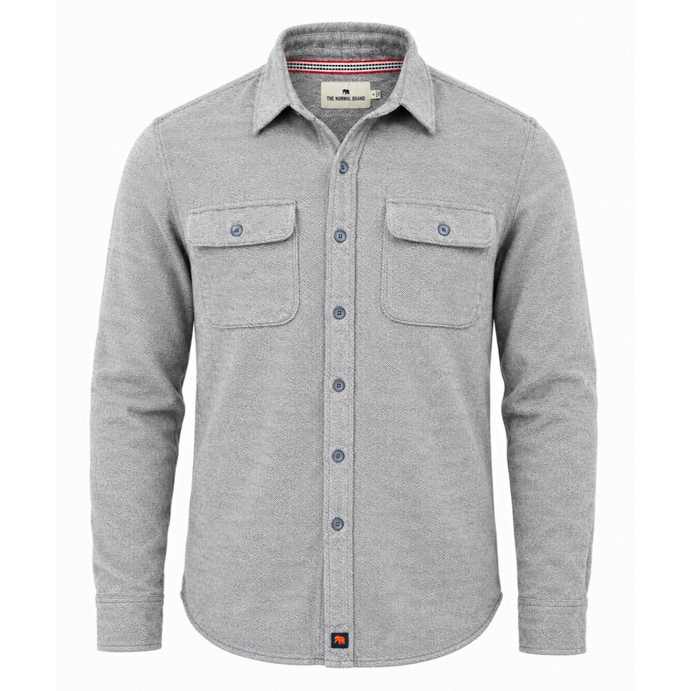 The Normal Brand Men's Gray Herringbone Woven Cotton Button-Up Pockets M